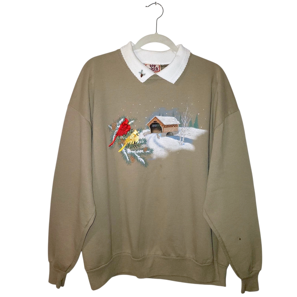 Vintage Top Stitch By Morning Sun Beige Sweater Embroidered Cardinal Snow Scene